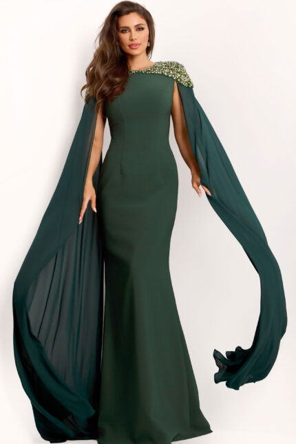 Hunter green gown with crystal shoulder detailing and chiffon cape