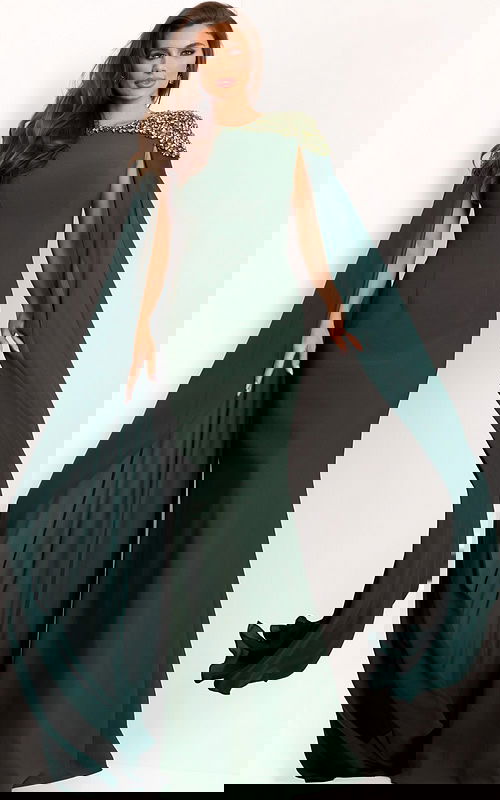 Hunter green gown with crystal shoulder detailing and chiffon cape