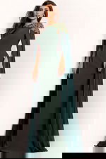 Embellished evening dress with flowing cape and fitted silhouette