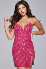 Model wearing Jovani 40003 blue sequin-embellished cocktail dress, front view.