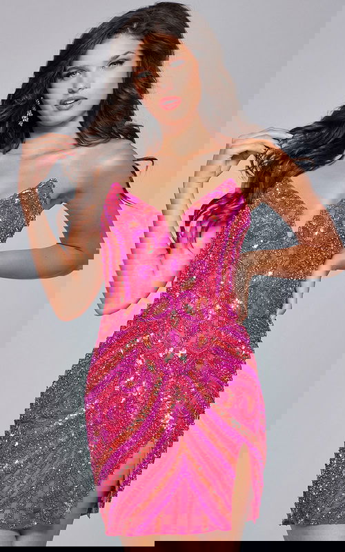 Model wearing Jovani 40003 blue sequin-embellished cocktail dress, front view.