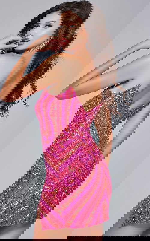 Model wearing Jovani 40003 purple sequin-embellished cocktail dress, front view.