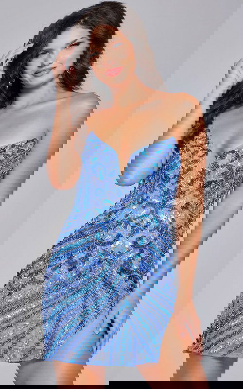 Model wearing Jovani 40003 blue dress with sweetheart neckline and high slit.