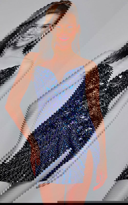 Model wearing Jovani 40003 navy dress with sweetheart neckline and high slit.