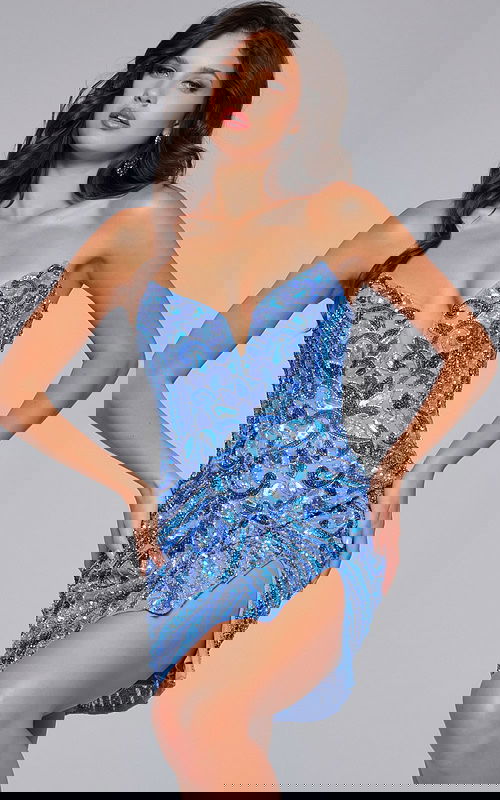 Model wearing Jovani 40003 blue sequin short dress with sweetheart neckline.