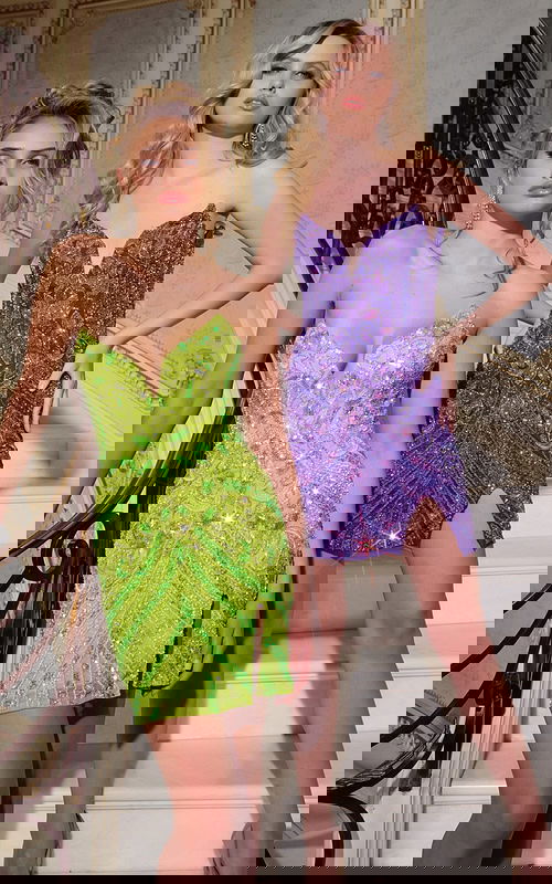 Model wearing Jovani 40003 short purple cocktail dress with high slit and beaded detailing.