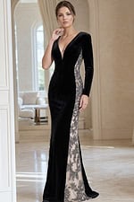 v neckline fitted velvet black dress with embellished side panels 40022