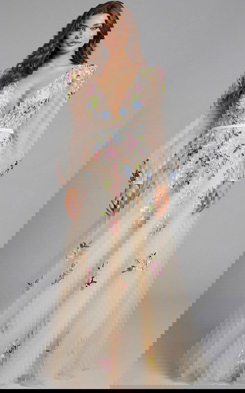 Floral embroidered illusion evening gown with deep V neckline and sheer sleeves