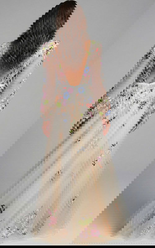 Open back floral embroidered long sleeve evening gown with flowing skirt