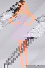 Model wearing Jovani 40030 dress in lilac with a strapless sweetheart neckline and tiered skirt from the front.