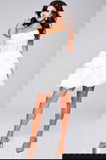 Model wearing Jovani 40030 dress in white with strapless neckline and tiered skirt viewed from the front.