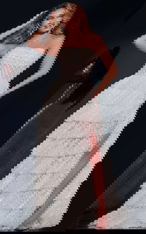 model wearing Jovani 40031 off-white gown, front view