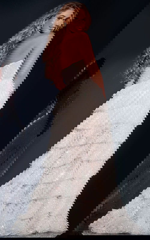 model wearing Jovani 40031 off-white gown, back view