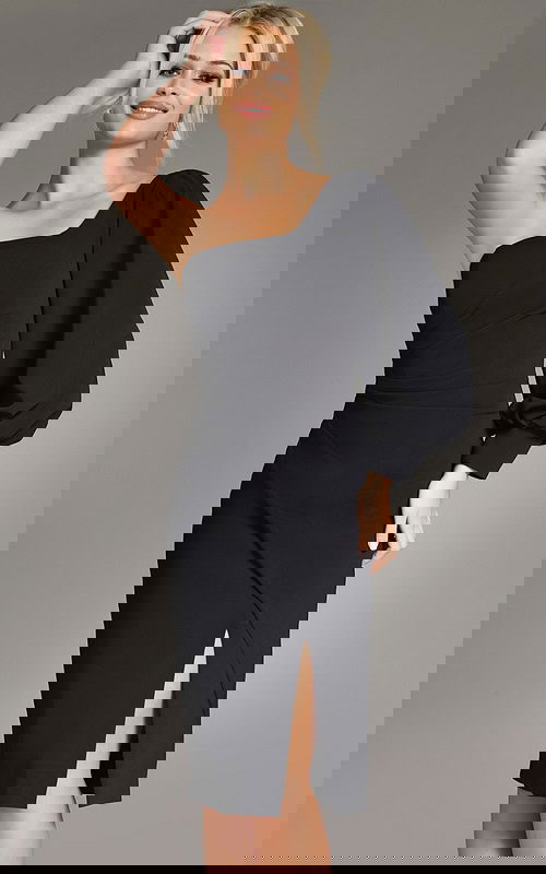 Model wearing Jovani 40033 black dress with an asymmetrical neckline and puff sleeve, front view.