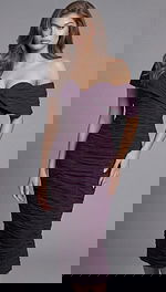 Off Shoulder Ruched Midi Dress With Sculpted Sweetheart Neckline