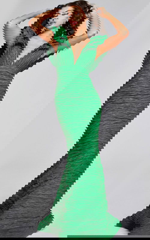 Model wearing Jovani 40044 green mermaid dress with ruched detailing and ruffled sleeves