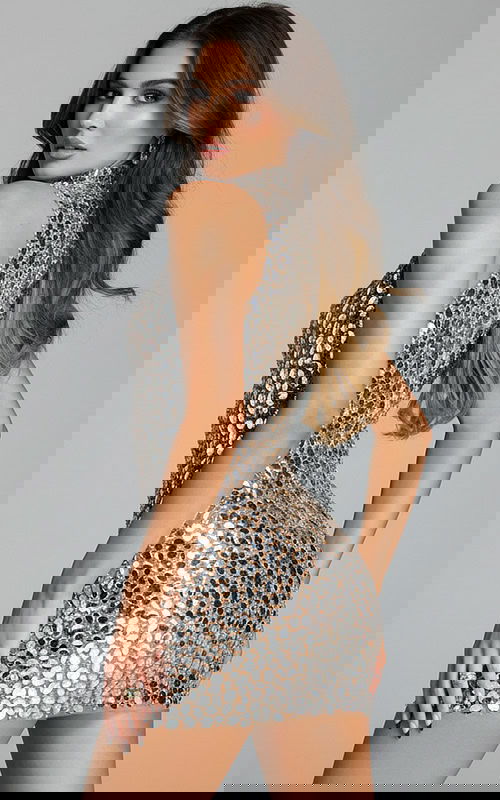 back of fitted high neck embellished dress 40053