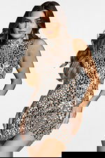 model wearing high neck embellished short dress 40053