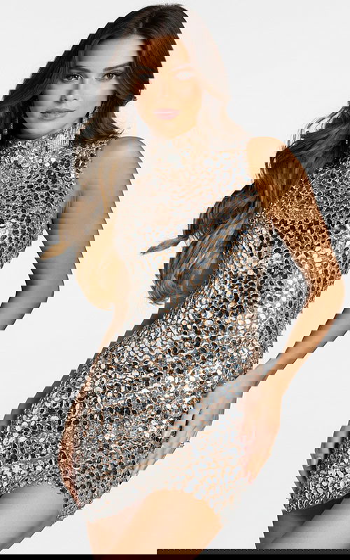 model wearing high neck embellished short dress 40053