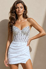 ivory bodycon mini dress with strapless sweetheart neckline, beaded corset bodice, and ruched sequin skirt
