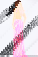 Fitted sequin pink prom gown with plunging neckline and open back