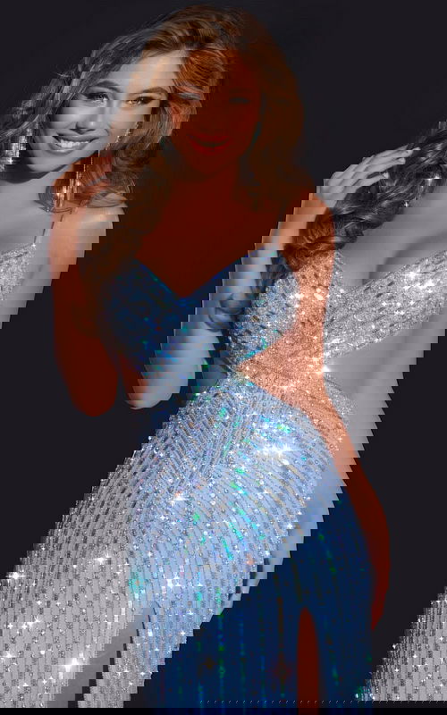 front close-up of model in Jovani 40060 blue gown with sequins