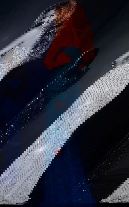 back view of model wearing Jovani 40060 blue gown