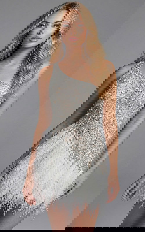 Short beaded dress with feather detail