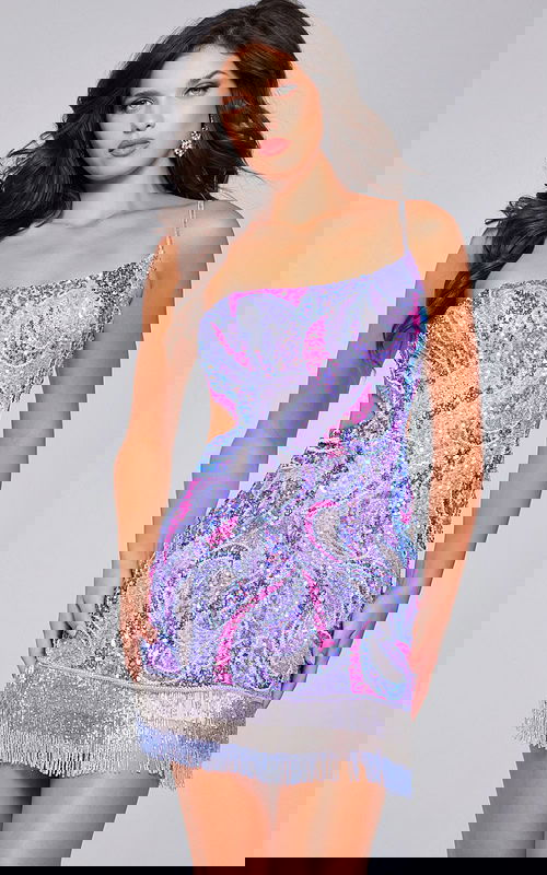 Model wearing Jovani 40076 pink mini dress with dazzling sequins and fringe hem, front view.