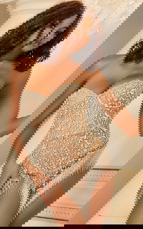 Model wearing Jovani 40090 strapless nude dress with sweetheart neckline, front view