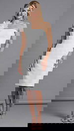 Studio front view of a structured one shoulder knee length formal dress