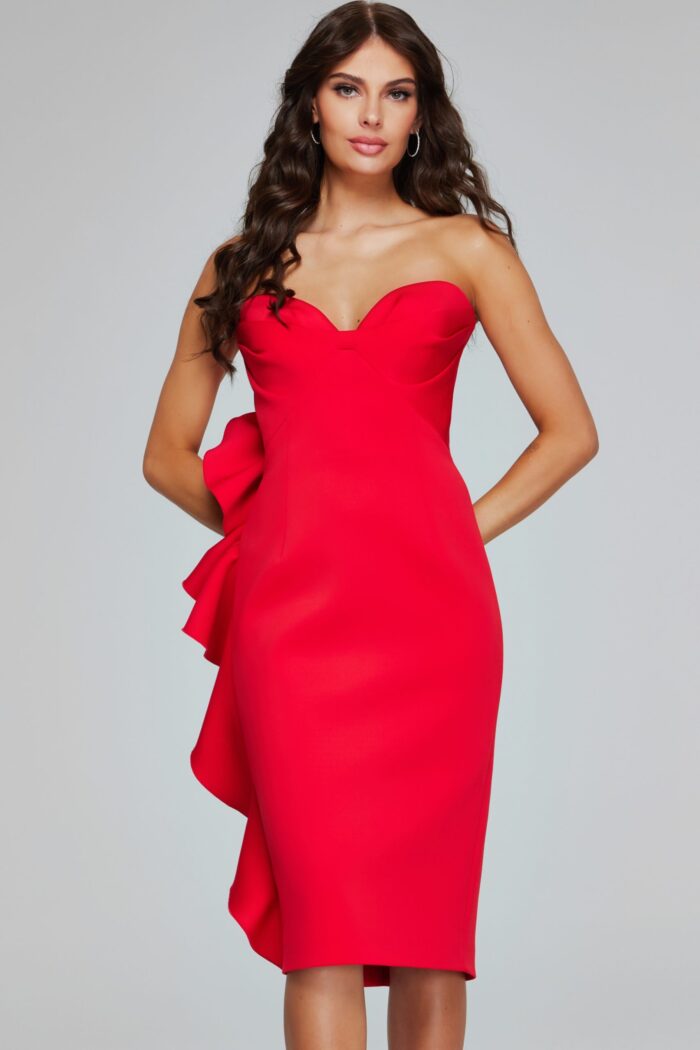 model wearing Jovani 40097 red dress with sweetheart neckline and ruffle detail