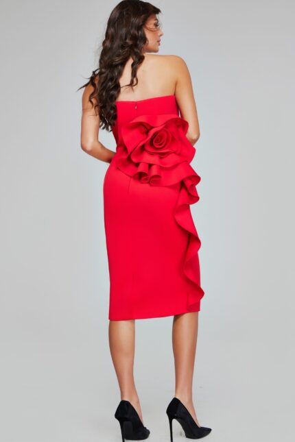 back view of Jovani 40097 red dress with rosette embellishment