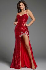 beaded high slit red dress 40100