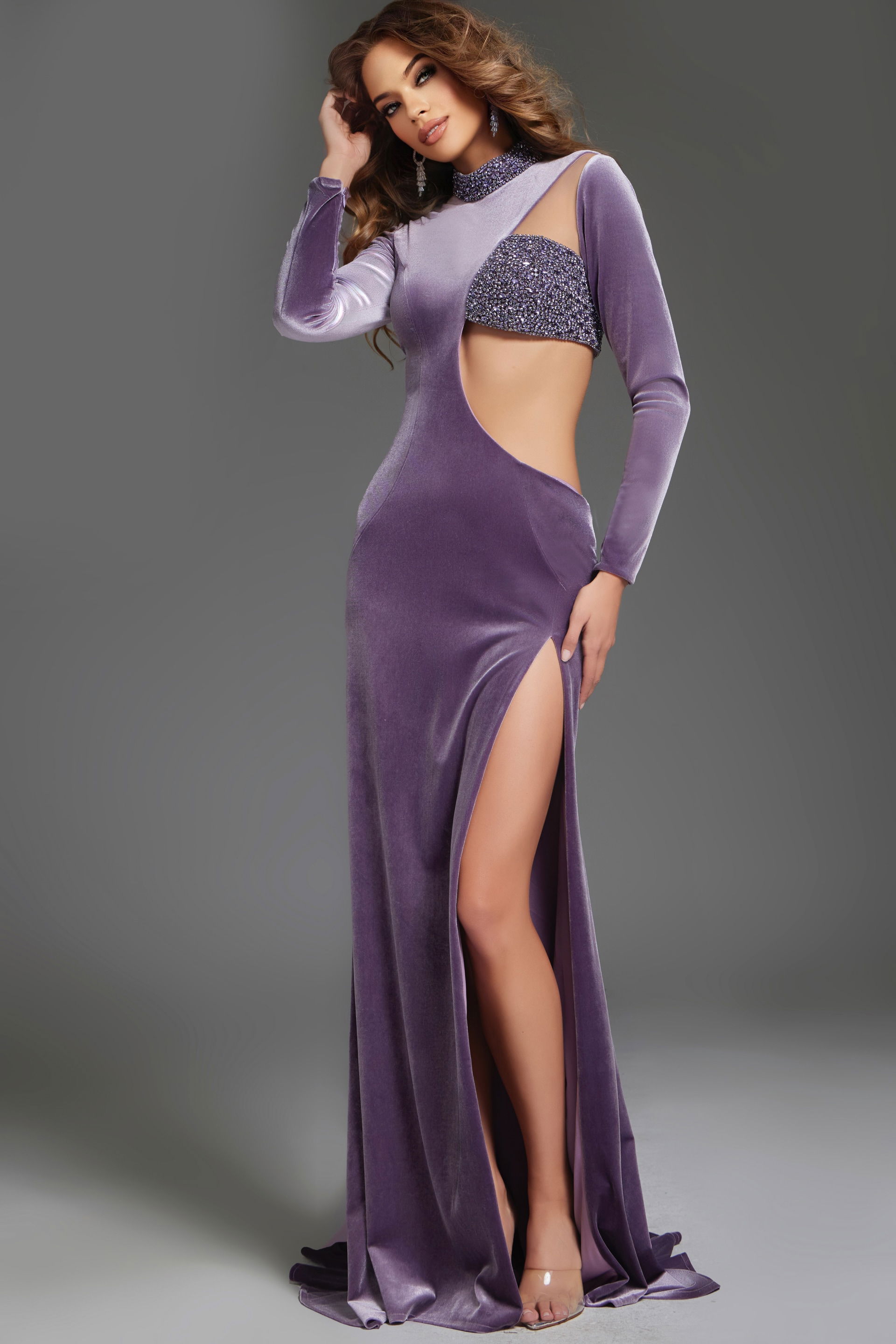 40124-4 Model wearing Jovani 40124 purple dress with high slit, front view.