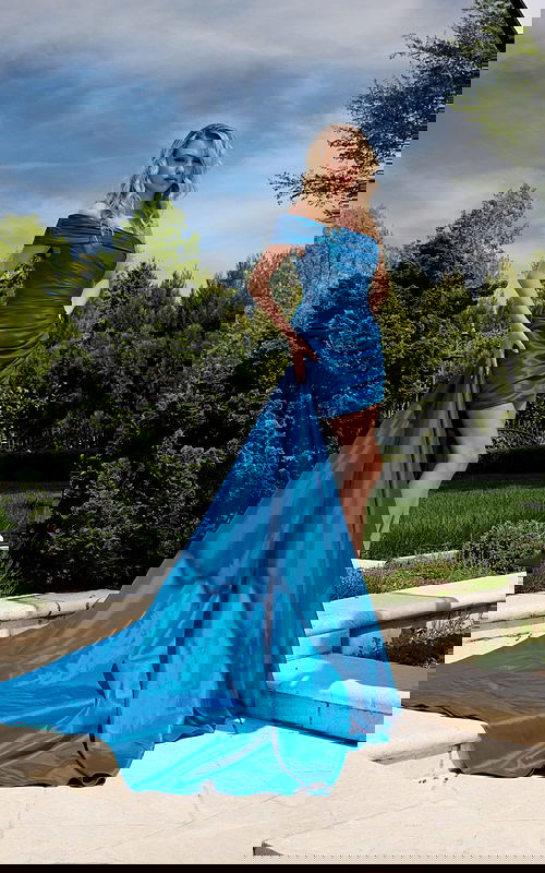 Model wearing Teal Off-Shoulder Mini Dress with Train 40128