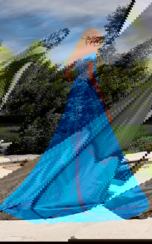 Model wearing Teal Off-Shoulder Mini Dress with Train 40128