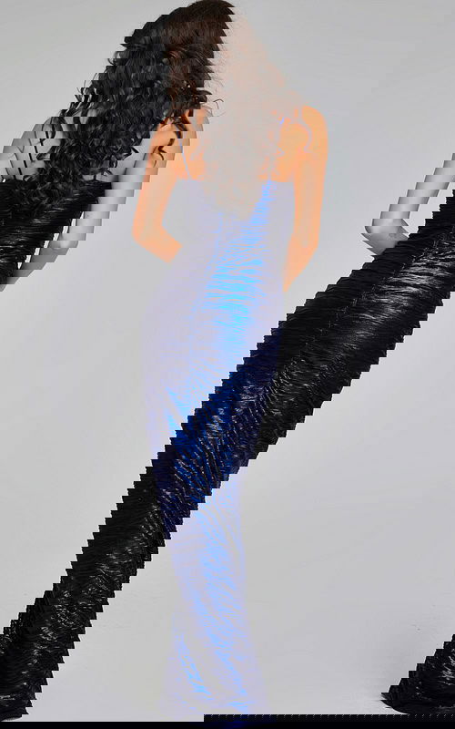 back view of Jovani 40137 navy dress displaying elegant silhouette