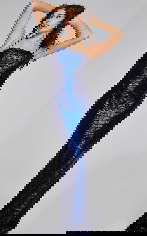 model wearing Jovani 40137 navy dress with straight neckline and textured fabric