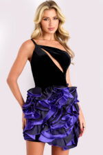short fitted velvet dress with sculpted floral skirt