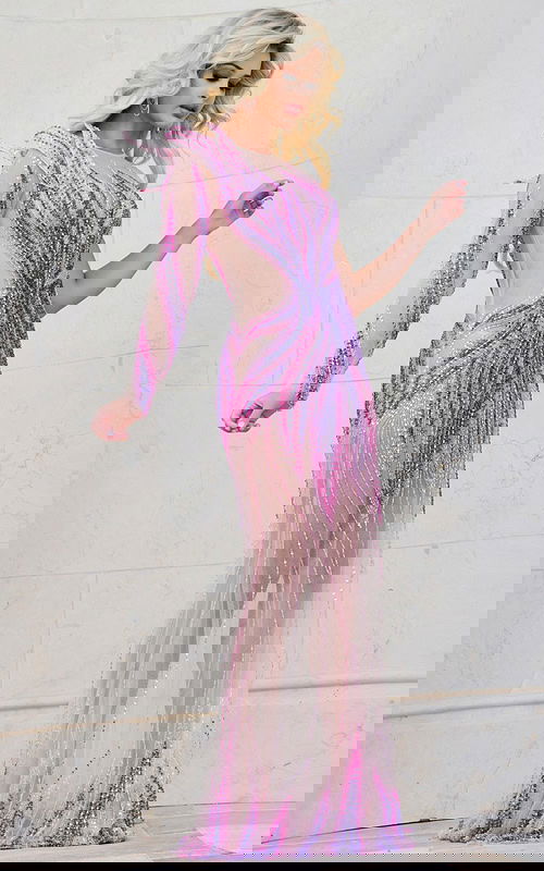 Back view of model wearing Jovani 40159 nude dress with pink and purple sequins