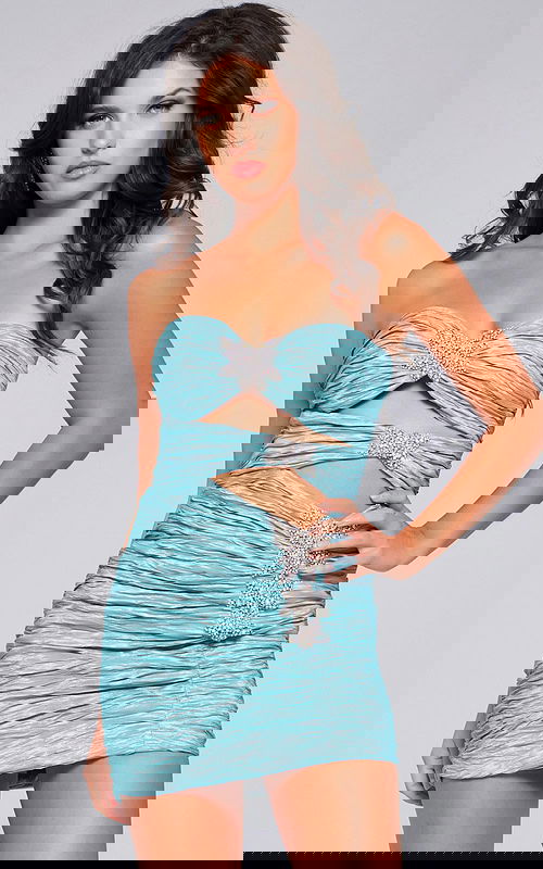 Model wearing Jovani 40173 Blue mini dress with front view