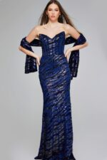 Model wearing Jovani 40181 navy strapless gown from the back, showcasing the elegant silhouette and shimmering sequins.