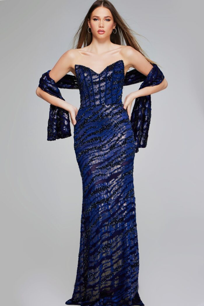 Model wearing Jovani 40181 navy strapless gown from the back, showcasing the elegant silhouette and shimmering sequins.