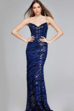 Front view of model wearing Jovani 40181, highlighting the elegant sweetheart neckline and detailed sequin design.