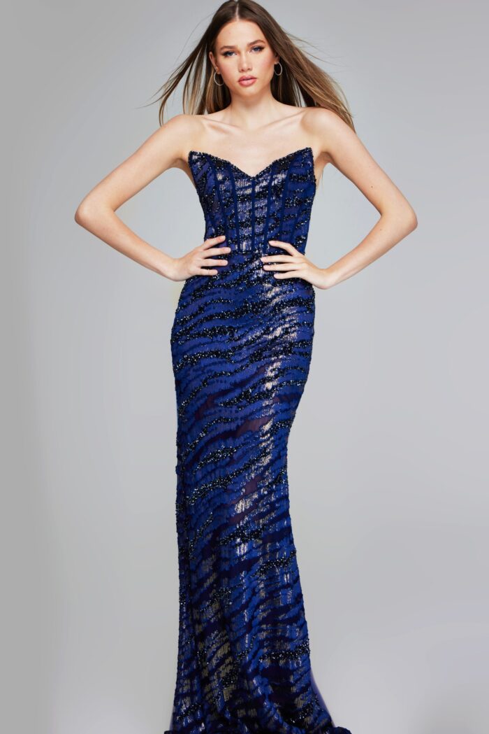 Front view of model wearing Jovani 40181, highlighting the elegant sweetheart neckline and detailed sequin design.