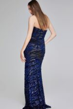 Model in Jovani 40181 navy gown with sweetheart neckline, showcasing the fitted silhouette and dazzling sequins from the front.