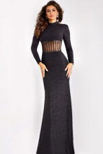 Full-length black glitter gown back view with sheer detail