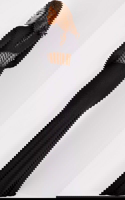 Black glitter fitted gown with sheer beaded waist front view