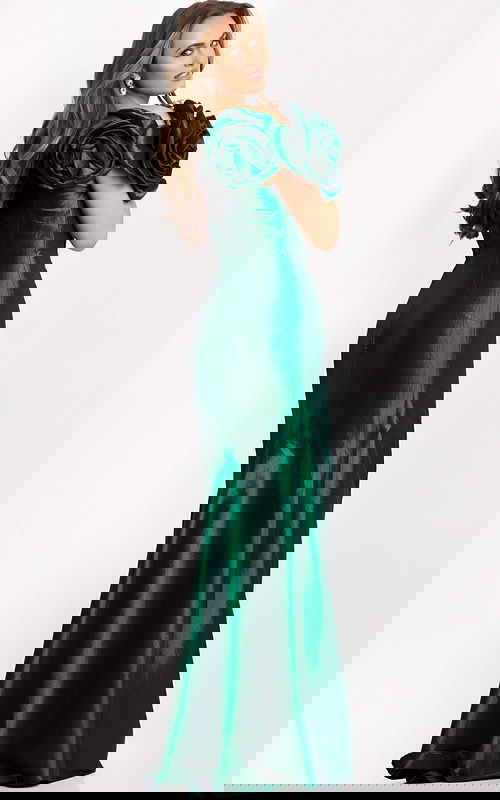 Back view of fitted green formal gown with rosette sleeves